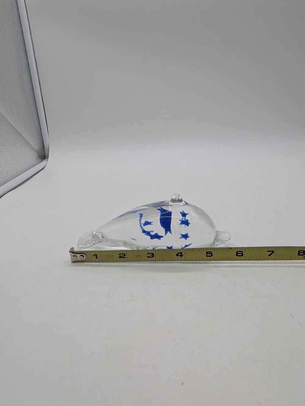 Vintage Hand Blown Art Glass Dolphin Figurine Paperweight Clear with Blue Stars